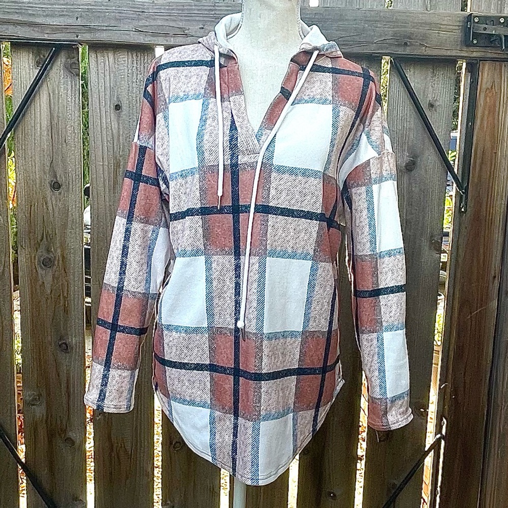 Plaid Hoodie V-Neck Loose Fit Long Sleeve  Women's Size Medium